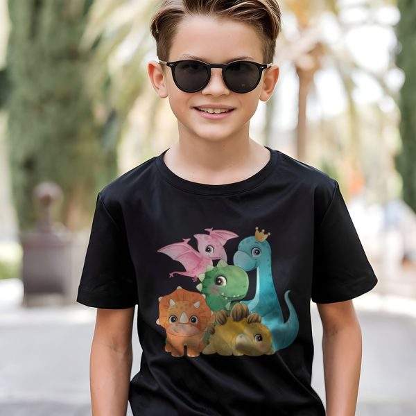 Smiling Dinosaur Family Kids, Black Tees, Size 6 - Natural Color Birthday Outfit - Image 3