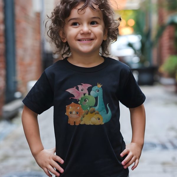 Smiling Dinosaur Family Kids, Black Tees, Size 6 - Natural Color Birthday Outfit - Image 2