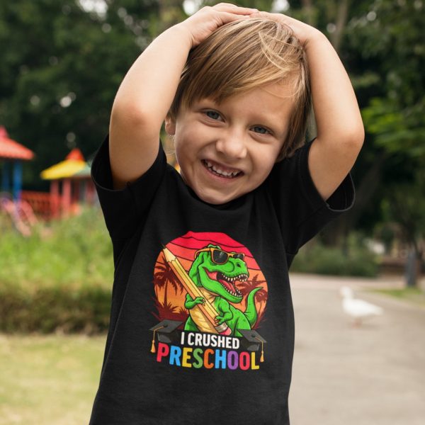 I Crushed Preschool  – T-Rex with with Glasses Shirt for Kids, Black, size 6 - Image 3